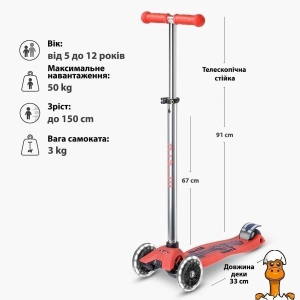 Мамалюк - Трехколесный самокат Micro Maxi Deluxe Glow LED светящийся красный (MMD368) Micro A4-MMD368